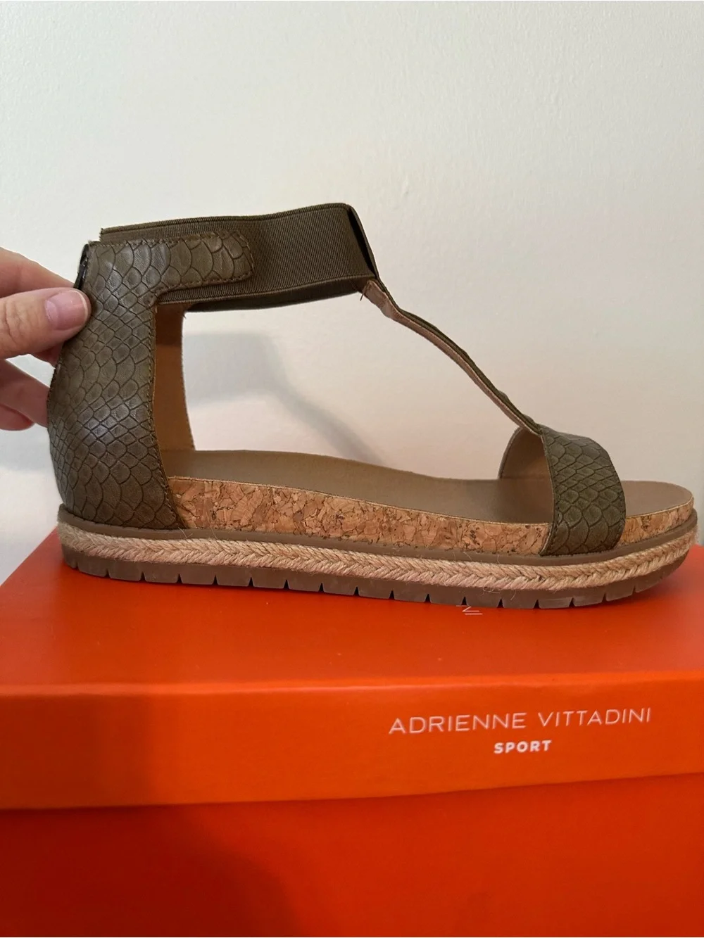 Adrienne Vittadini Olive Textured T-Strap Cork Platform Sandal
